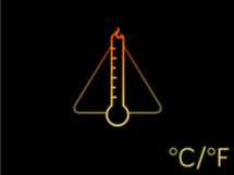 Termómetro con una llama en la parte superior y símbolos de grado en la parte inferior derecha